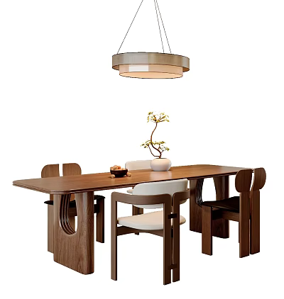 Modern Wooden Dining Table Set With Chairs Hanging Lamp And Small Plant 3d model