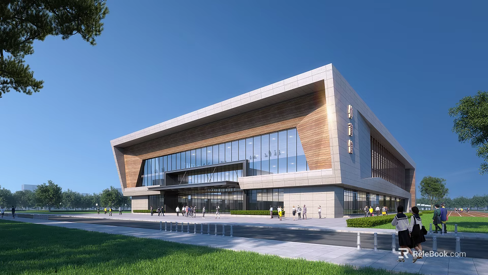 Modern Sports Center Building With Glass Curtain Wall Wooden Accents Plaza And Pedestrians 3d model 