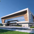 Modern Sports Center Building With Glass Curtain Wall Wooden Accents Plaza And Pedestrians