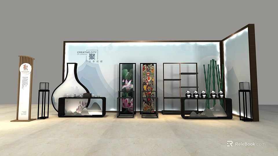 Chinese Style Exhibition Hall Interior With Vase Decorative Screens Display Shelves Bamboo And Lotus 3d model 