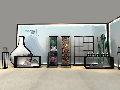 Chinese Style Exhibition Hall Interior With Vase Decorative Screens Display Shelves Bamboo And Lotus 3d model