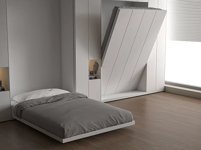 Contemporary Bedroom Featuring Hidden Wall Storage Gray Bedding Wooden Floor And Window Blinds 3d model