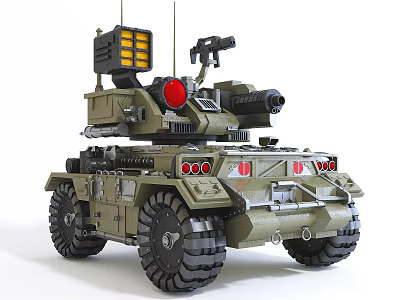 Green Military Tank Model With Cannon Turret Red Lights And Wheels 3d model