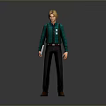 Stylish Man With Blonde Hair Wearing Green Shirt Suspenders And Dark Pants Holding White Paper