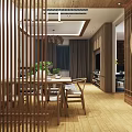 Modern Living and Dining Room Interior With Wooden Furniture Chandelier Round Mirror And Green Plants