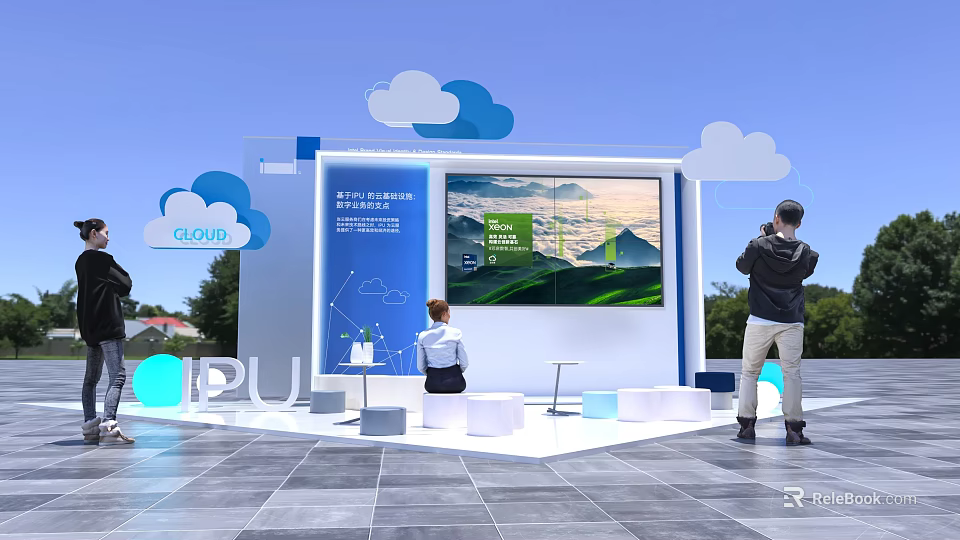 Interactive Zone Featuring Exhibition Booth Large Screen Cloud Decorations And People Interacting 3d model 