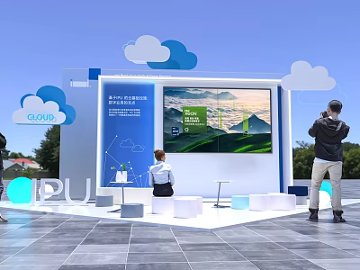 Interactive Zone Featuring Exhibition Booth Large Screen Cloud Decorations And People Interacting 3d model