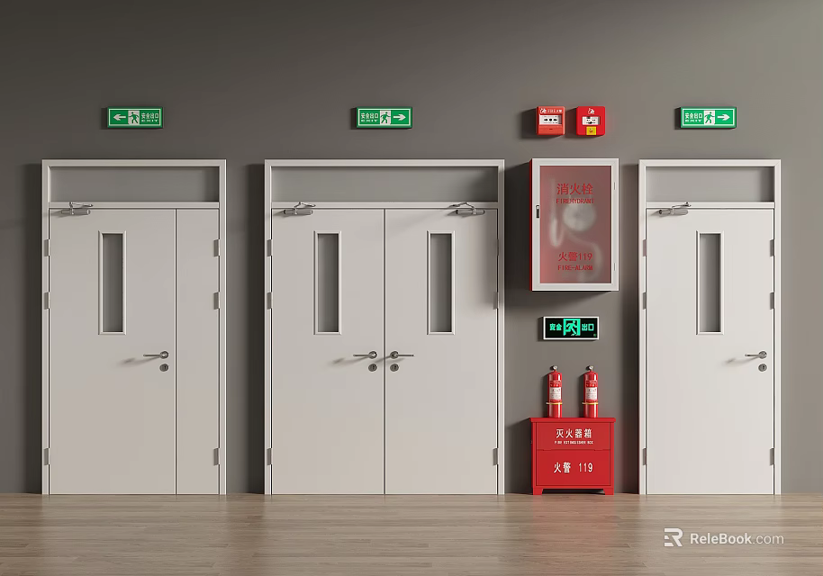White Exit Doors With Green Signs And Red Fire Extinguisher Cabinet On Gray Walls 3d model 