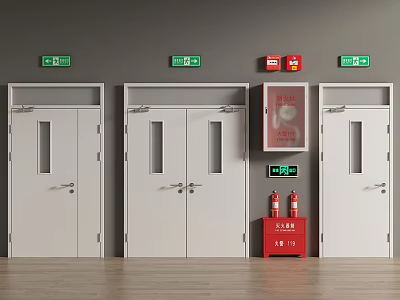 White Exit Doors With Green Signs And Red Fire Extinguisher Cabinet On Gray Walls 3d model