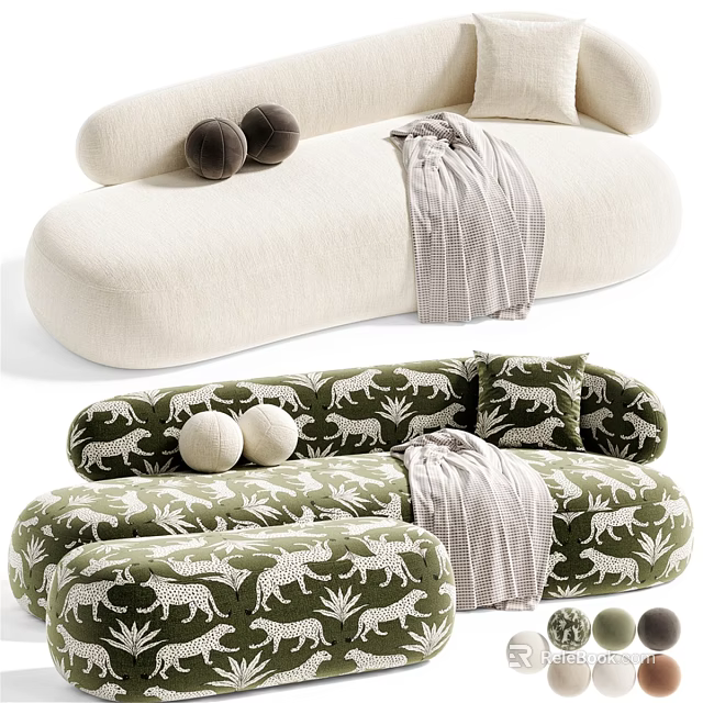 Beige And Green Tiger Patterned Irregular Shaped Sofa With Round Cushions And Plaid Blanket 3d model 