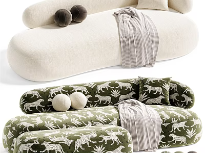 Beige And Green Tiger Patterned Irregular Shaped Sofa With Round Cushions And Plaid Blanket 3d model