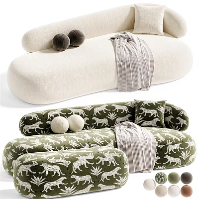 Beige And Green Tiger Patterned Irregular Shaped Sofa With Round Cushions And Plaid Blanket 3d model