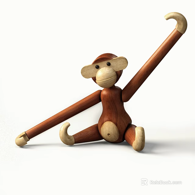 Wooden Brown Monkey Doll With Long Arms In Sitting Pose On White Background 3d model 