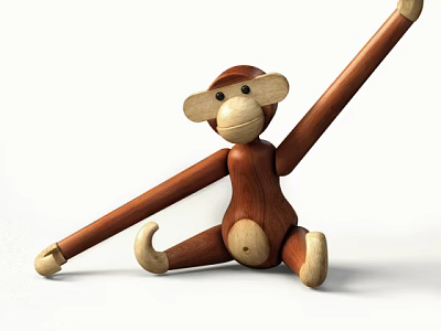 Wooden Brown Monkey Doll With Long Arms In Sitting Pose On White Background 3d model