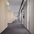 Modern Office Corridor With Light Wooden Walls Dark Carpet Ceiling Lights And Glass Partitions