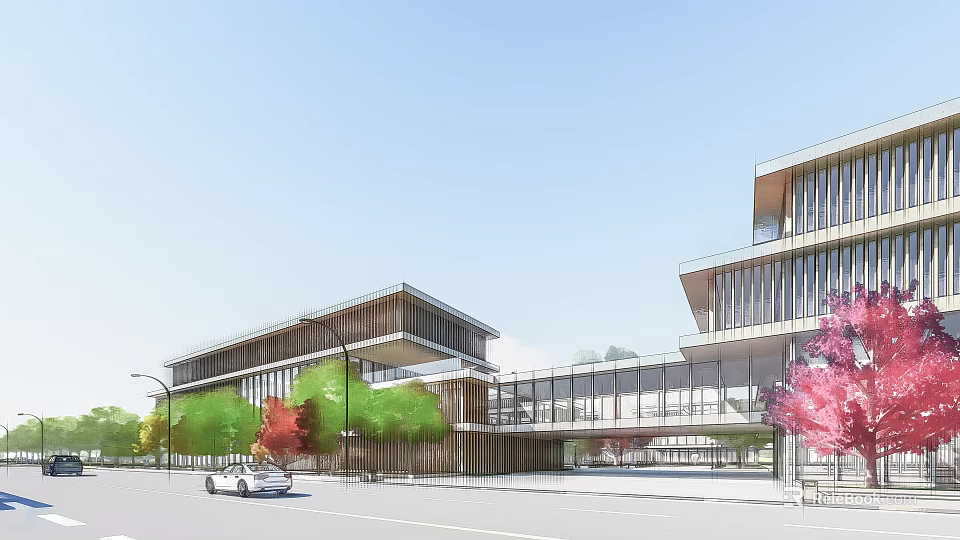 Modern Office Building Exterior with Glass Curtain Wall and Trees Along Street 3d model 