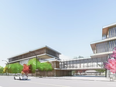Modern Office Building Exterior with Glass Curtain Wall and Trees Along Street 3d model