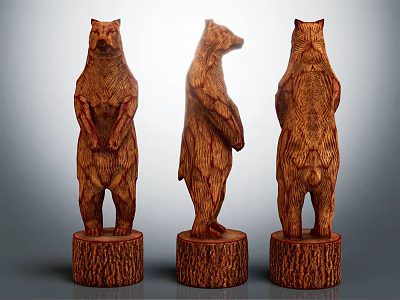 Hand Carved Wooden Bear Sculptures With Three Different Angles And Carved Bases 3d model