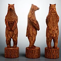 Hand Carved Wooden Bear Sculptures With Three Different Angles And Carved Bases