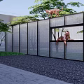 Indoor Garden Landscape Featuring Gray Walls Black Gravel Ground Green Lawn Trees And Monkeys