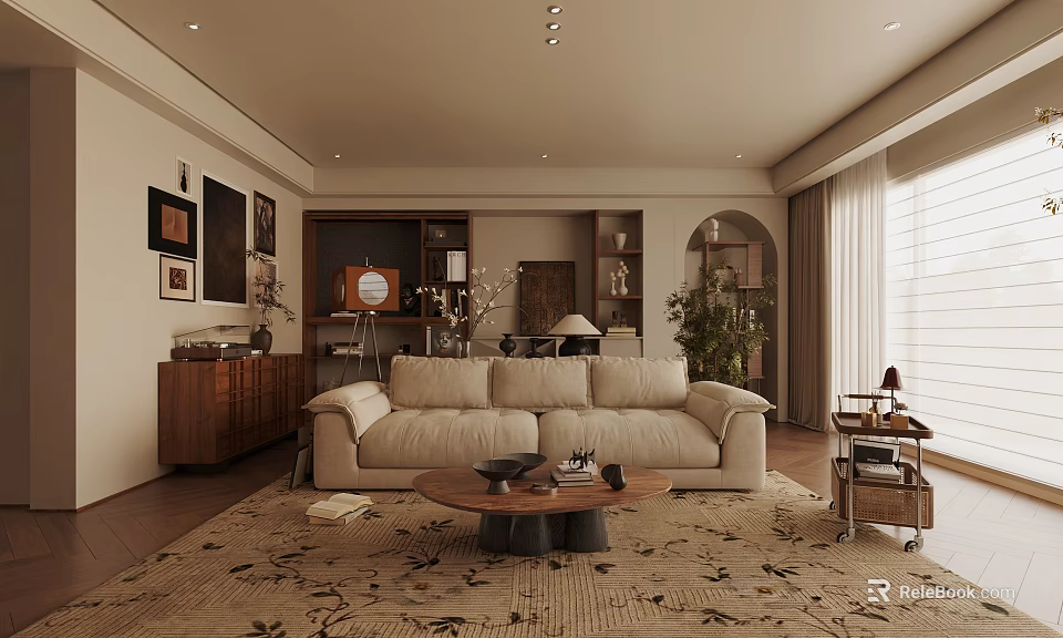 Warm Vintage Style Living And Dining Room With Soft Sofa And Elegant Natural Wooden Furniture 3d model 