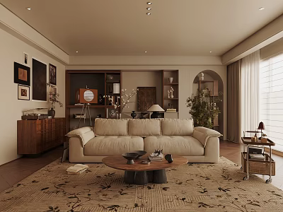 Warm Vintage Style Living And Dining Room With Soft Sofa And Elegant Natural Wooden Furniture 3d model