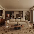 Warm Vintage Style Living And Dining Room With Soft Sofa And Elegant Natural Wooden Furniture