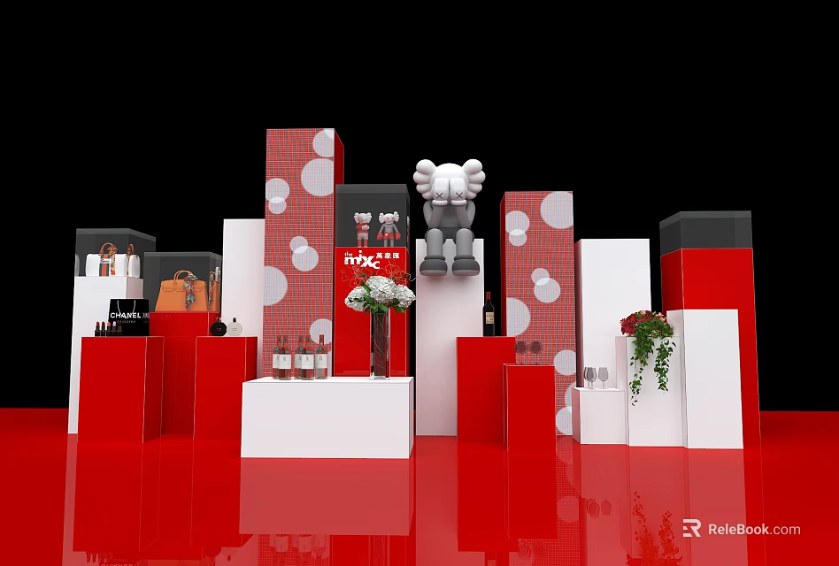 Shopping Mall Counter With Red White Display Stands Showcasing Bags Figurines And Green Plants 3d model 