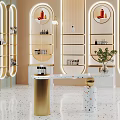 Elegant Modern Boutique Interior With Circular Display Shelves Products And Lighting Fixtures