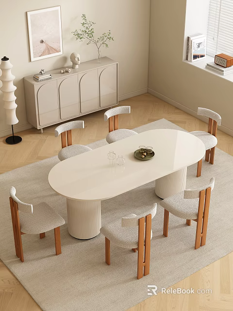 Modern Light Cream Dining Room Furniture Set With Oval Glossy Table And Fabric Upholstered Chairs 3d model 