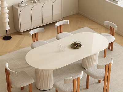 Modern Light Cream Dining Room Furniture Set With Oval Glossy Table And Fabric Upholstered Chairs 3d model