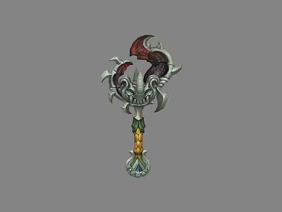 Ornate Decorative Hammer With Intricate Metal Design Curved Blades And Green Yellow Gemstone Handle 3d model