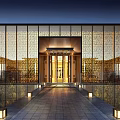 Grand Sales Office Building With Modern Architectural Design And Illuminated Entrance