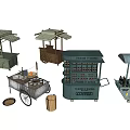 Various Functional Mobile Carts With Striped Canopies And Goods Display Accessories 3d model