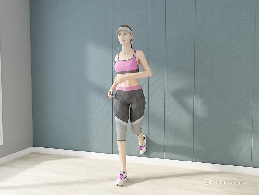 Woman Running Indoors in Pink Sports Bra and Gray Leggings with Gray Wall Background 3d model 