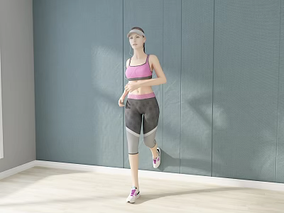 Woman Running Indoors in Pink Sports Bra and Gray Leggings with Gray Wall Background 3d model