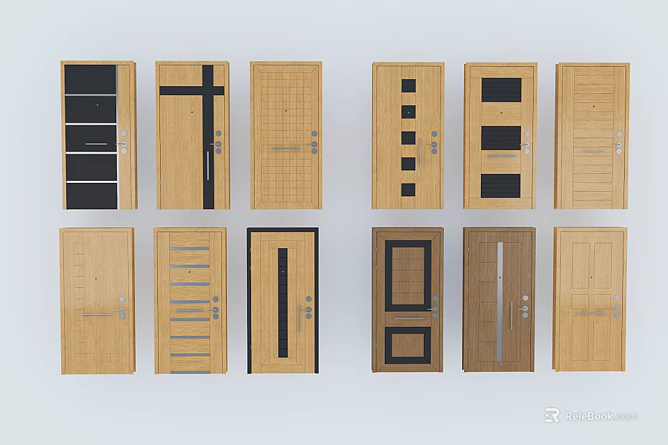Various Stylish Swing Doors With Wooden Panels And Glass Inserts For Home Interior 3d model 