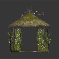 Wooden Garden Gazebo with Thatched Roof Green Moss and Vines on Grass