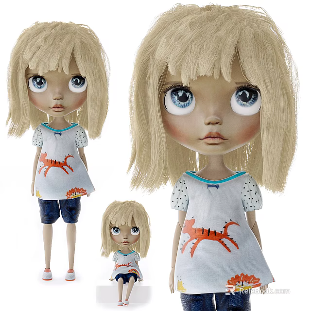 Blonde Hair Blue Eyes Dolls With White Shirts Orange Crab Patterns Blue Shorts Various Sizes 3d model 