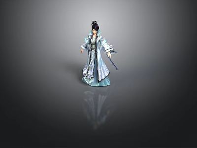 Woman in Traditional Chinese Costume Holding Long Sword Standing Against Gray Background With Reflection 3d model