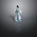 Woman in Traditional Chinese Costume Holding Long Sword Standing Against Gray Background With Reflection