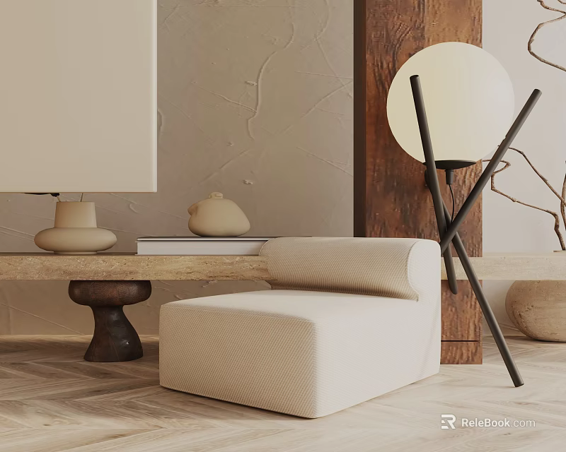 Fabric Beige Accent Chair in Modern Minimalist Interior with Wooden Furniture and Floor Lamp 3d model 