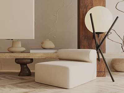 Fabric Beige Accent Chair in Modern Minimalist Interior with Wooden Furniture and Floor Lamp 3d model