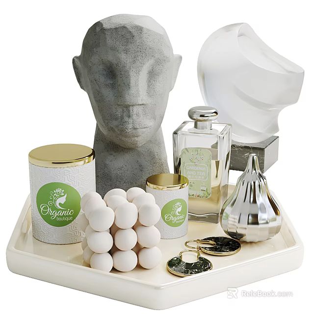 Elegant Ornament Set With Head Sculpture Abstract Decor Perfume Bottle And White Spheres On Tray 3d model 