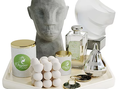 Elegant Ornament Set With Head Sculpture Abstract Decor Perfume Bottle And White Spheres On Tray 3d model