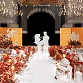 Elegant Banquet Hall with Luxurious Chandeliers Wedding Stage and Floral Arrangements