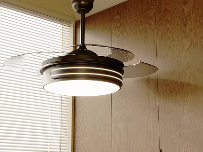 Ceiling Air Conditioning Fan with Transparent Blades Round Light Wooden Wall and Blinds 3d model