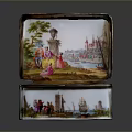Open Decorative Porcelain Storage Box With Landscape Figures And Gold Trim