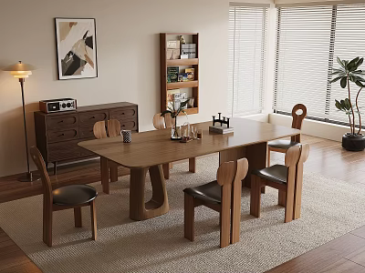 Modern Wooden Dining Table Set With Six Chairs In Cozy Interior Room 3d model