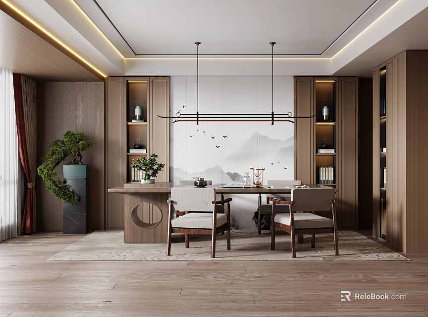 Modern Chinese Style Restaurant With Wooden Furniture Hanging Lamps Green Plants And Landscape Painting Backdrop 3d model 